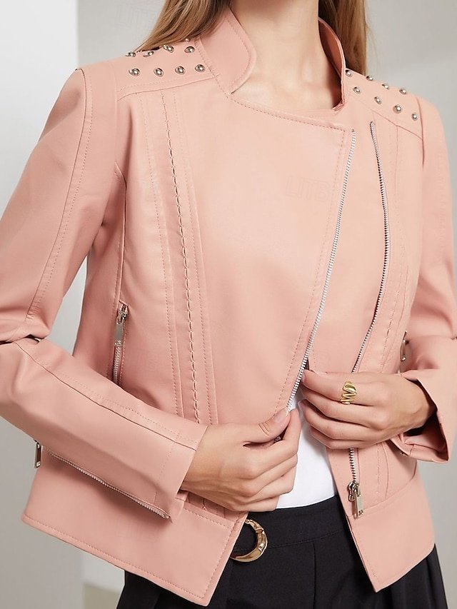 Fashion Regular Fit Plain Stand Collar Long Sleeve Faux Leather Jacket - Image 2