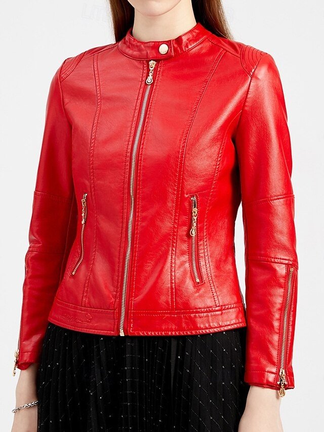 Fashion Regular Fit Plain Stand Collar Long Sleeve Faux Leather Jacket - Image 2