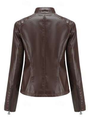Fashion Regular Fit Plain Stand Collar Long Sleeve Faux Leather Jacket - Image 20