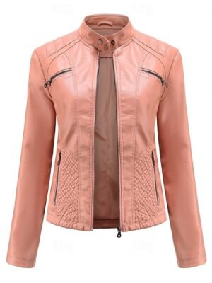Fashion Regular Fit Plain Stand Collar Long Sleeve Faux Leather Jacket - Image 21