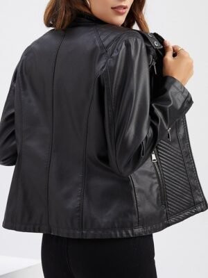 Fashion Regular Fit Plain Stand Collar Long Sleeve Faux Leather Jacket - Image 3