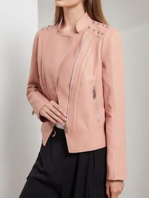 Fashion Regular Fit Plain Stand Collar Long Sleeve Faux Leather Jacket - Image 3