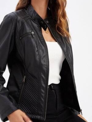 Fashion Regular Fit Plain Stand Collar Long Sleeve Faux Leather Jacket - Image 4
