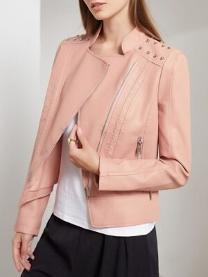 Fashion Regular Fit Plain Stand Collar Long Sleeve Faux Leather Jacket - Image 4