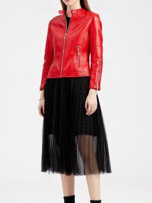 Fashion Regular Fit Plain Stand Collar Long Sleeve Faux Leather Jacket - Image 4