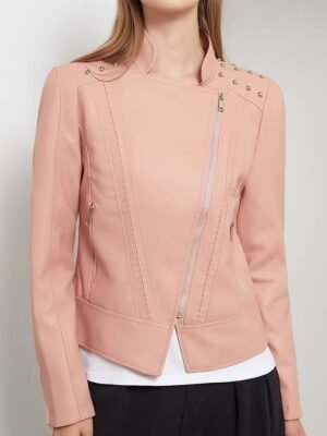 Fashion Regular Fit Plain Stand Collar Long Sleeve Faux Leather Jacket - Image 5