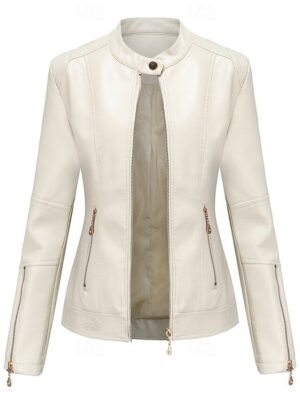 Fashion Regular Fit Plain Stand Collar Long Sleeve Faux Leather Jacket - Image 6