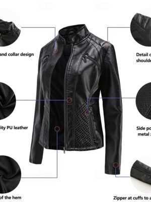 Fashion Regular Fit Plain Stand Collar Long Sleeve Faux Leather Jacket - Image 6
