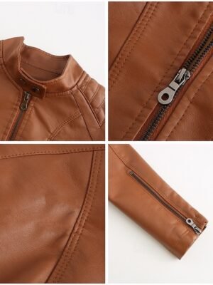 Fashion Regular Fit Plain Stand Collar Long Sleeve Faux Leather Jacket - Image 7