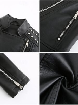Fashion Regular Fit Plain Stand Collar Long Sleeve Faux Leather Jacket - Image 7