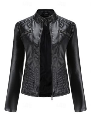 Fashion Regular Fit Plain Stand Collar Long Sleeve Faux Leather Jacket - Image 8