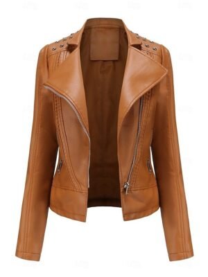 Fashion Regular Fit Plain Stand Collar Long Sleeve Faux Leather Jacket - Image 8