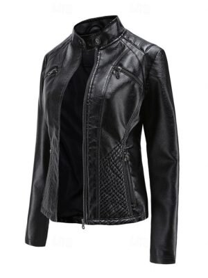 Fashion Regular Fit Plain Stand Collar Long Sleeve Faux Leather Jacket - Image 9