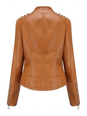 Fashion Regular Fit Plain Stand Collar Long Sleeve Faux Leather Jacket - Image 9
