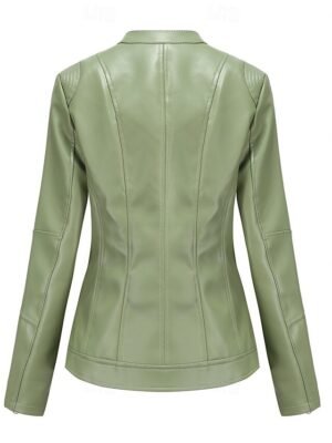 Fashion Regular Fit Plain Stand Collar Long Sleeve Faux Leather Jacket - Image 9