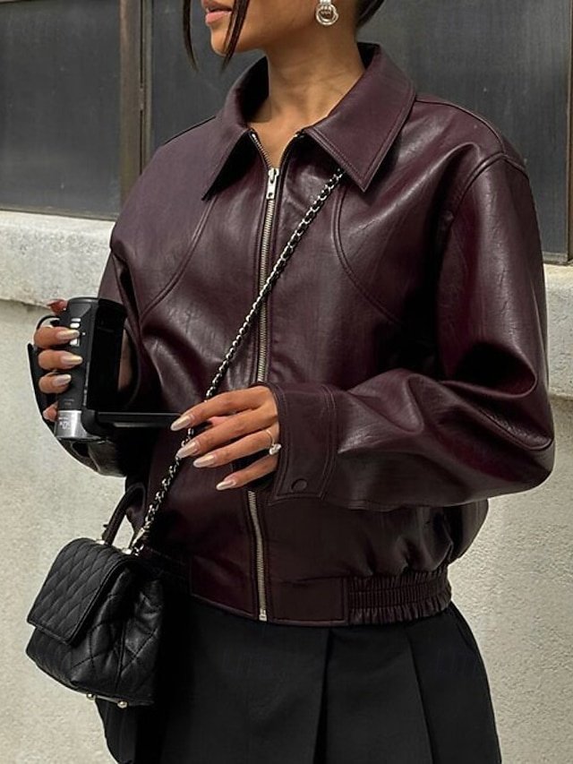 Fashion Regular Fit Plain Turndown Long Sleeve Faux Leather Jacket - Image 1