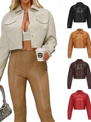 Fashion Regular Fit Plain Turndown Long Sleeve Short Faux Leather Jacket - Image 1