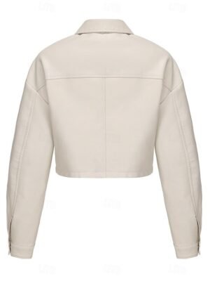 Fashion Regular Fit Plain Turndown Long Sleeve Short Faux Leather Jacket - Image 13