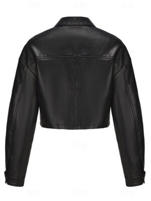 Fashion Regular Fit Plain Turndown Long Sleeve Short Faux Leather Jacket - Image 15