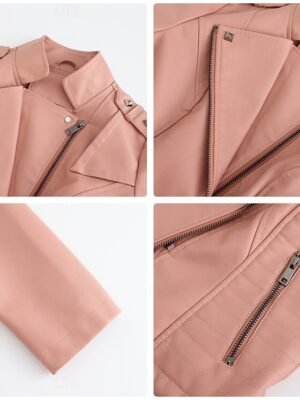 Fashion Regular Fit Plain Turndown Long Sleeve Short Faux Leather Jacket - Image 16