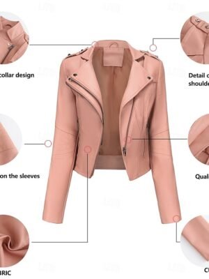 Fashion Regular Fit Plain Turndown Long Sleeve Short Faux Leather Jacket - Image 17