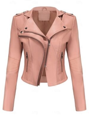 Fashion Regular Fit Plain Turndown Long Sleeve Short Faux Leather Jacket - Image 19