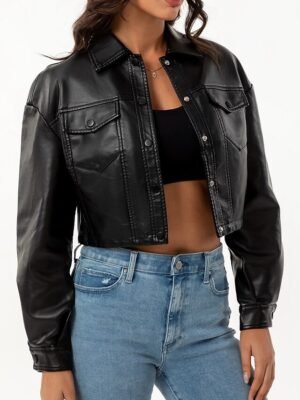Fashion Regular Fit Plain Turndown Long Sleeve Short Faux Leather Jacket - Image 2