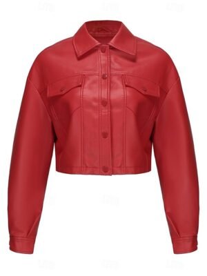 Fashion Regular Fit Plain Turndown Long Sleeve Short Faux Leather Jacket - Image 20