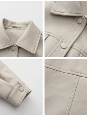 Fashion Regular Fit Plain Turndown Long Sleeve Short Faux Leather Jacket - Image 22