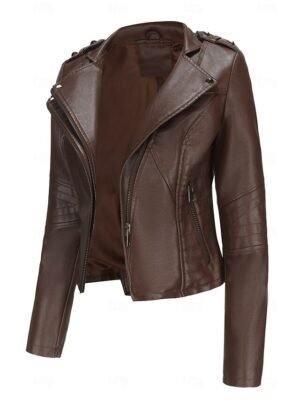 Fashion Regular Fit Plain Turndown Long Sleeve Short Faux Leather Jacket - Image 30