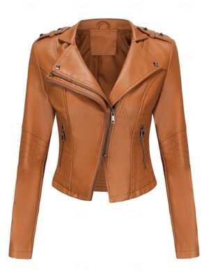 Fashion Regular Fit Plain Turndown Long Sleeve Short Faux Leather Jacket - Image 35