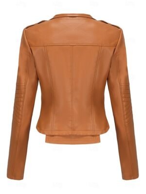 Fashion Regular Fit Plain Turndown Long Sleeve Short Faux Leather Jacket - Image 37