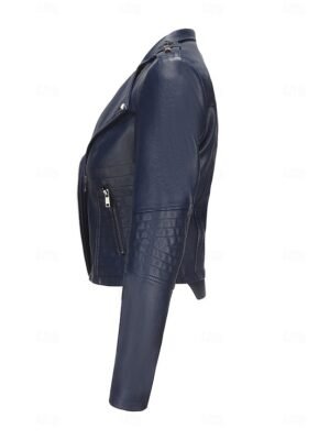 Fashion Regular Fit Plain Turndown Long Sleeve Short Faux Leather Jacket - Image 40