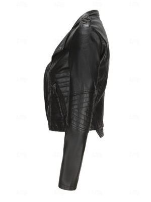 Fashion Regular Fit Plain Turndown Long Sleeve Short Faux Leather Jacket - Image 44