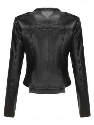 Fashion Regular Fit Plain Turndown Long Sleeve Short Faux Leather Jacket - Image 45