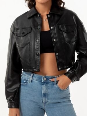 Fashion Regular Fit Plain Turndown Long Sleeve Short Faux Leather Jacket - Image 5