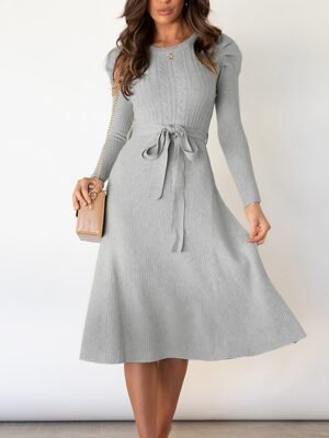 Fashion Regular Fit Pure Colour Crew Neck Long Sleeve Midi Sweater Dress - Image 1