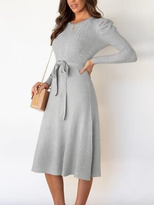 Fashion Regular Fit Pure Colour Crew Neck Long Sleeve Midi Sweater Dress - Image 2