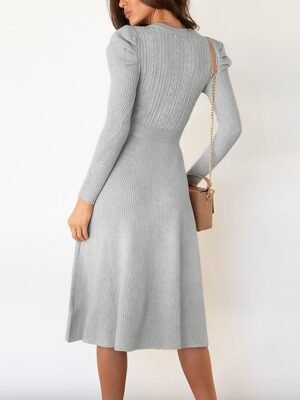 Fashion Regular Fit Pure Colour Crew Neck Long Sleeve Midi Sweater Dress - Image 3