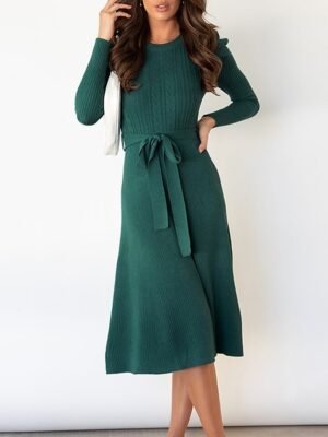 Fashion Regular Fit Pure Colour Crew Neck Long Sleeve Midi Sweater Dress - Image 4