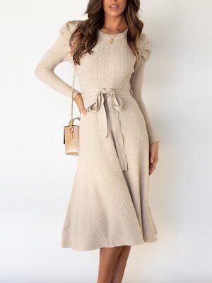 Fashion Regular Fit Pure Colour Crew Neck Long Sleeve Midi Sweater Dress - Image 5