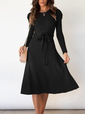Fashion Regular Fit Pure Colour Crew Neck Long Sleeve Midi Sweater Dress - Image 6