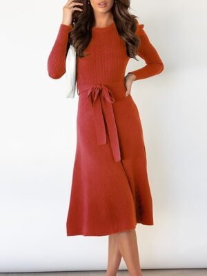 Fashion Regular Fit Pure Colour Crew Neck Long Sleeve Midi Sweater Dress - Image 7