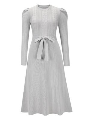 Fashion Regular Fit Pure Colour Crew Neck Long Sleeve Midi Sweater Dress - Image 8