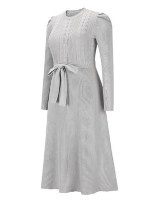 Fashion Regular Fit Pure Colour Crew Neck Long Sleeve Midi Sweater Dress - Image 9