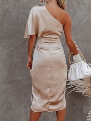 Fashion Regular Fit Pure Colour One Shoulder Short Sleeve Midi Dress - Image 2