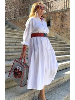 Fashion Regular Fit Pure White Shirt Collar Long Sleeve Maxi Dress - Image 14