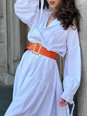 Fashion Regular Fit Pure White Shirt Collar Long Sleeve Maxi Dress - Image 8