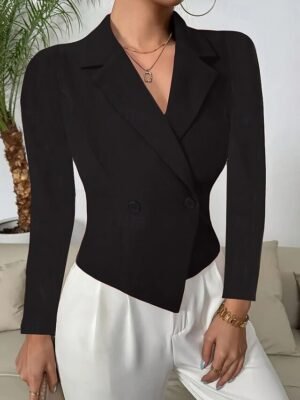 Fashion Regular Fit Solid Colour Long Sleeve Black Blazer - Image 3