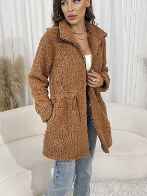 Fashion Regular Fit Solid Stand Collar Long Sleeve Winter Coat - Image 3